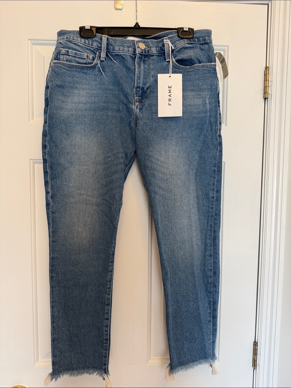Frame Denim Light-Medium Blue Cropped Straight Jeans with Frayed Hem